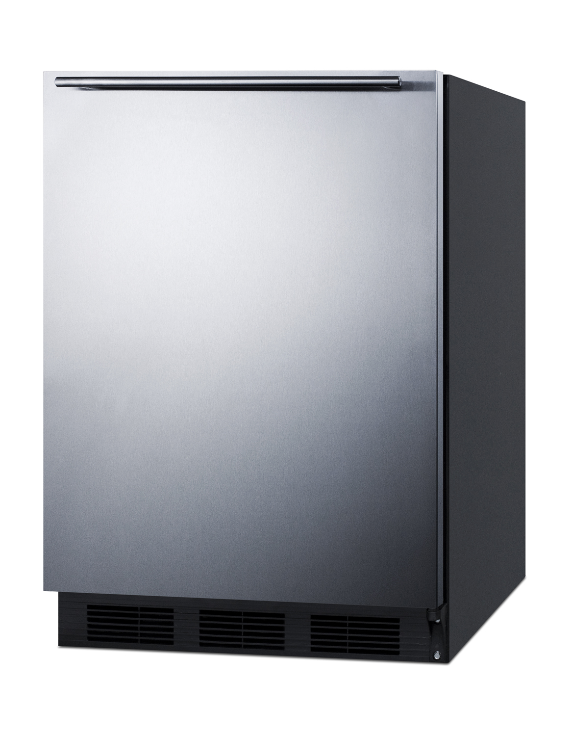 Commercially listed freestanding all-refrigerator for general purpose use, auto defrost w/SS wrapped door, horizontal handle, and black cabinet